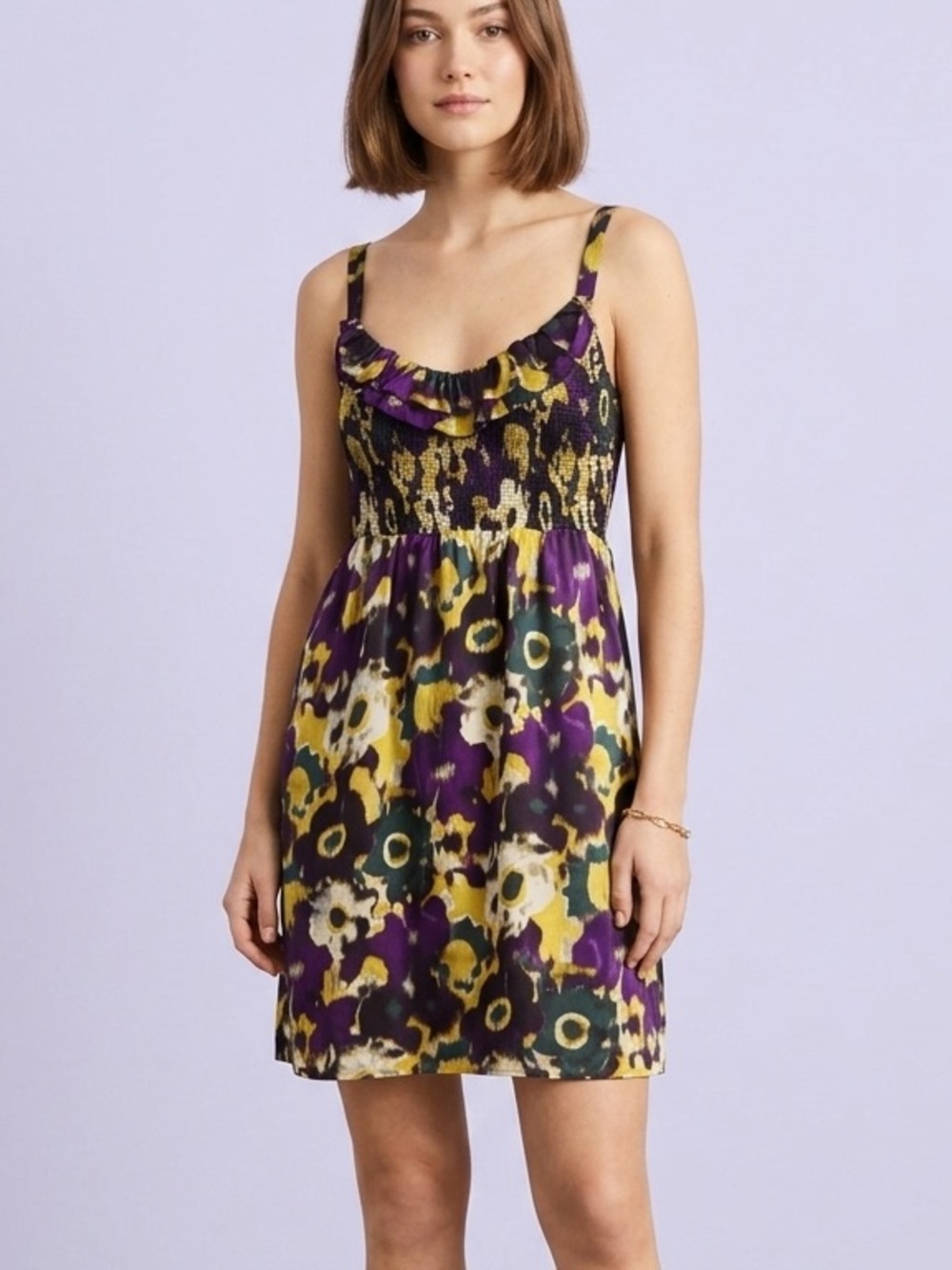 Maeve Anthropologie Giverney Floral Silk Dress Size Medium Smocked Bodice